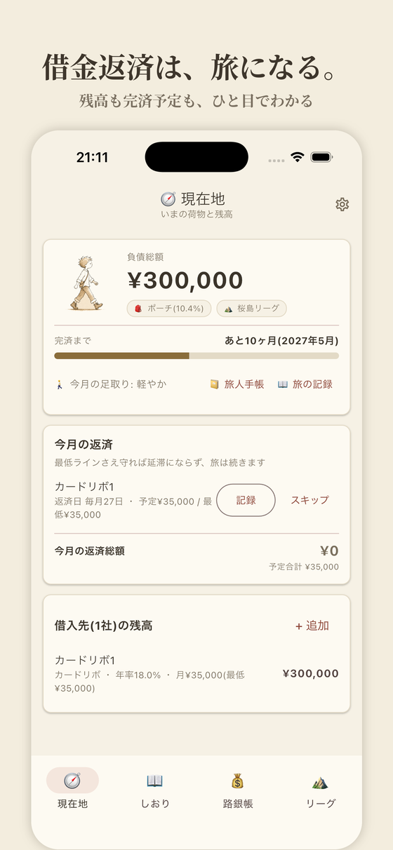ゼロ旅の現在地画面 — 負債総額と完済までの道のりがひと目でわかる